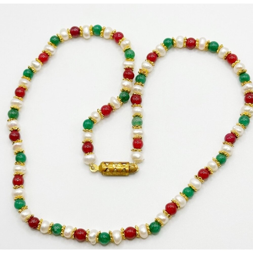 Gold Plated Pearl Red & Green Semi‎ Precious Stone Beaded Necklace 16.5”